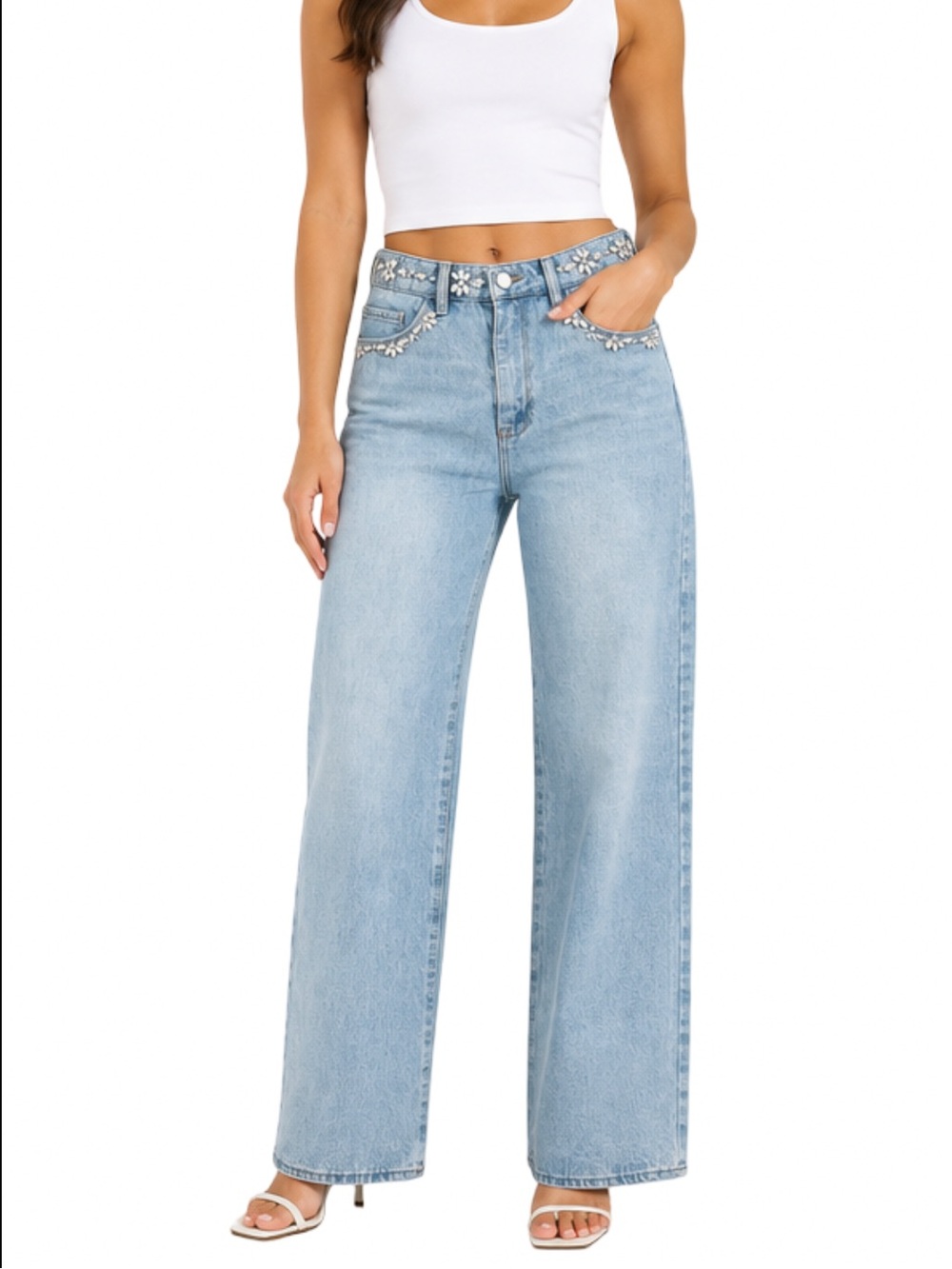 Blank NYC The Franklin Ribcage Wide Leg Crystal Embellished High Rise Jeans 28